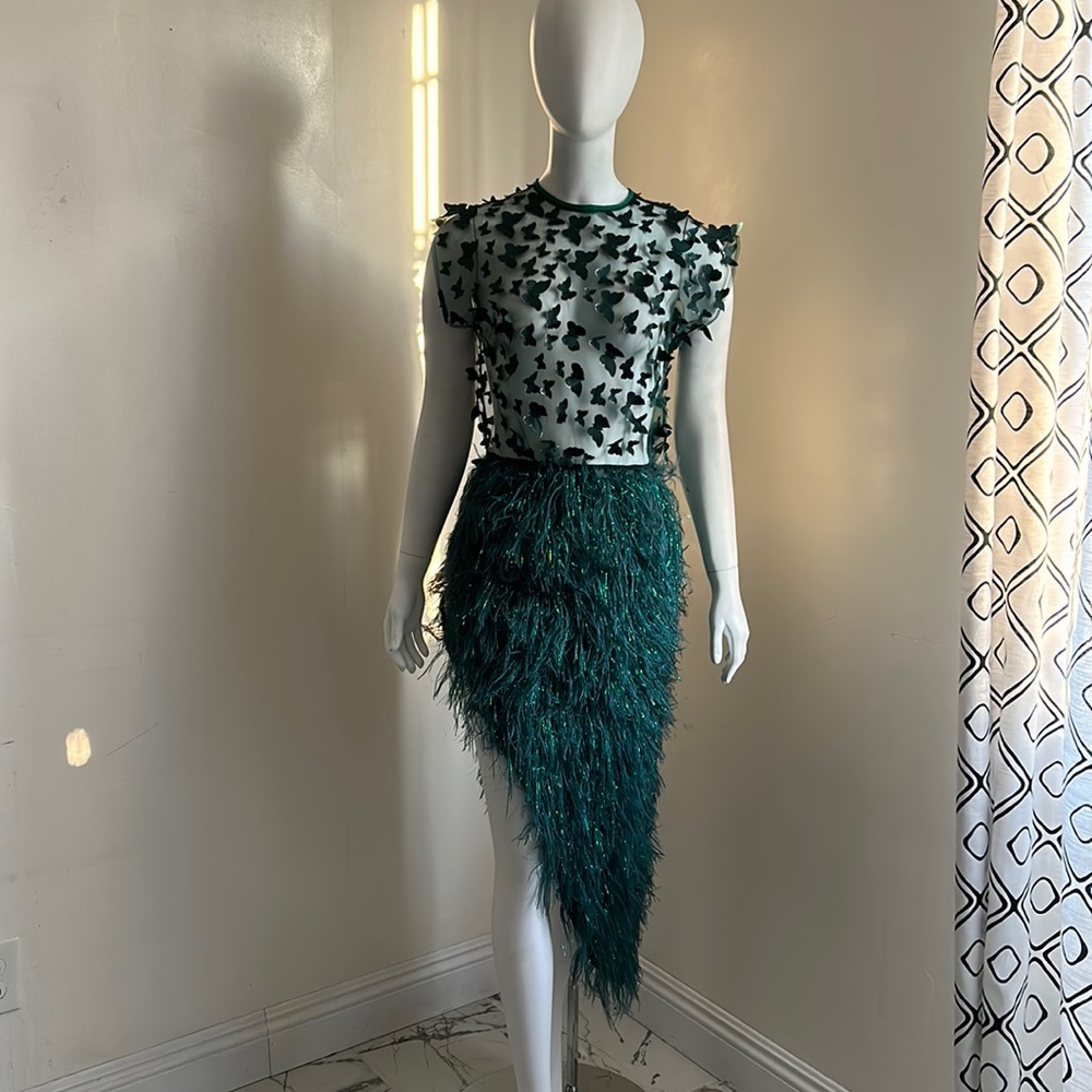 Butterflies tulle with faux fur split thigh green emerald dress